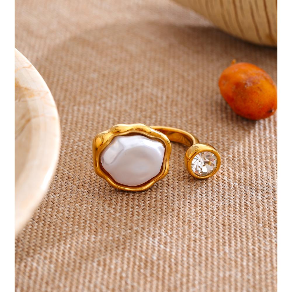 Yhpup Stainless Steel Baroque Simulated Pearls Zircon Adjustable Ring 18K Gold Color PVD Plated Exclusive Chic Fashion Jewelry