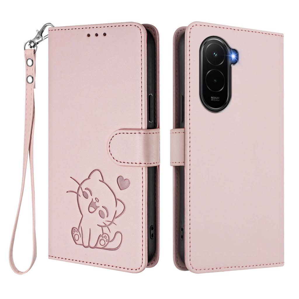 For Xiaomi Poco M7 Plus 5G/M7 4G (169mm) Wallet Case with Wrist Strap Love Cat Pattern Imprint Leather Phone Cover