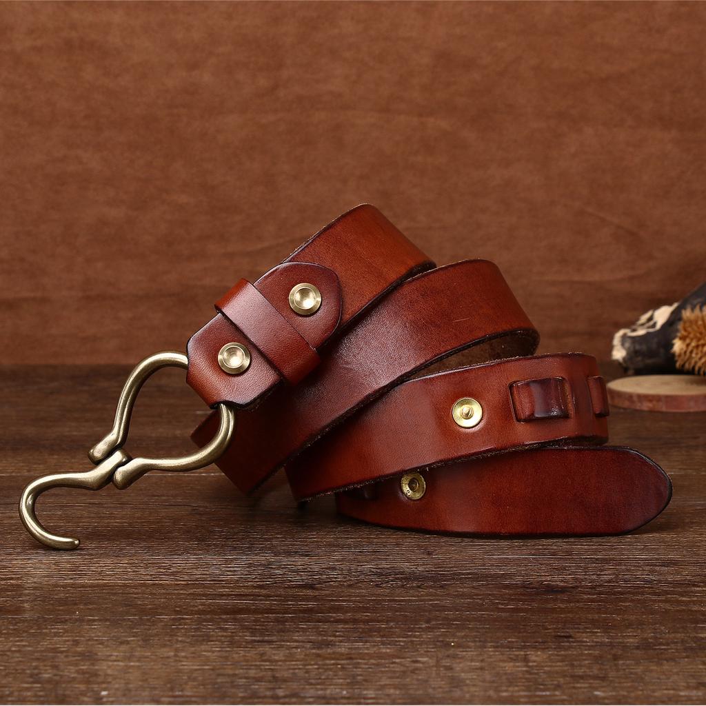 Кожаный ремень из утолщенной растительной дубленой коровьей кожи, мужской кожаный ремень с крючком в стиле ретро из меди, модный мужской ремень для брюк