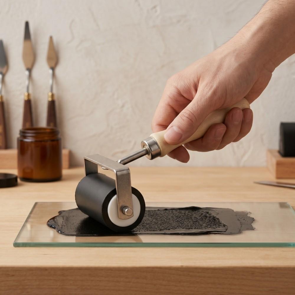 Wood Grip Ink Roller Elastic Rubber Art Ink Spreader Printmaking Rolling Tool Oil Painting Coating