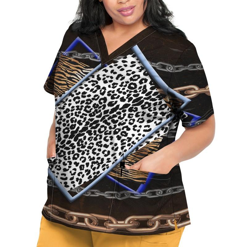 Женские топы с короткими рукавами и V-образным вырезом с мультяшным узором, футболка с рабочей униформой