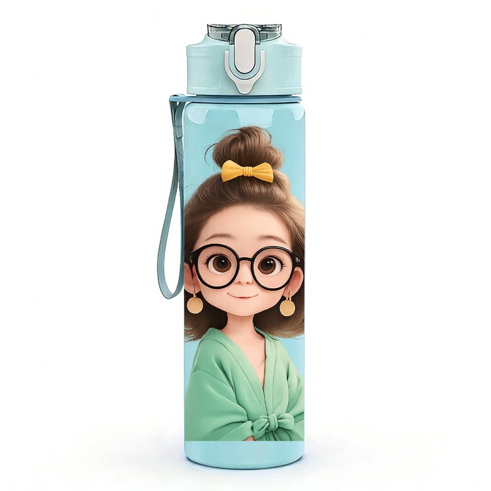 1PC Glasses Girl Reading Book Print 750ml Color Plastic Sports Water Bottle Leakproof Flip Straw Lid Suitable for Sports Office Home Use