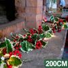 2M LED Christmas Garland Lighting Strings Artificial Red Berry Holly Leaves Ivy Vine for Christmas Tree Ornament Home Decoration