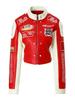 Женская мотоциклетная куртка из ПУ кожи в стиле колор-блок с вышитой нашивкой и воротником-стойкой