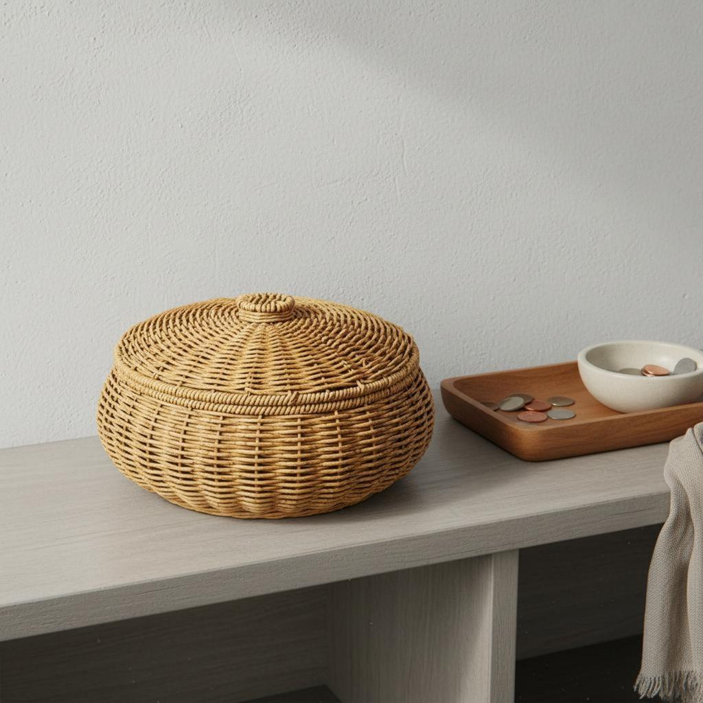 Wicker Basket with Lid Textured Weave Lidded Rattan Basket Multipurpose Rustic Design