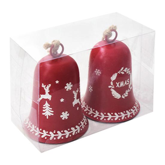 2 Pcs Red Christmas Bells Ornament Vintage Rustic Hanging Bell with Snowflake Reindeer Tree Pattern Handmade Lucky Bell for Home Tree Decor