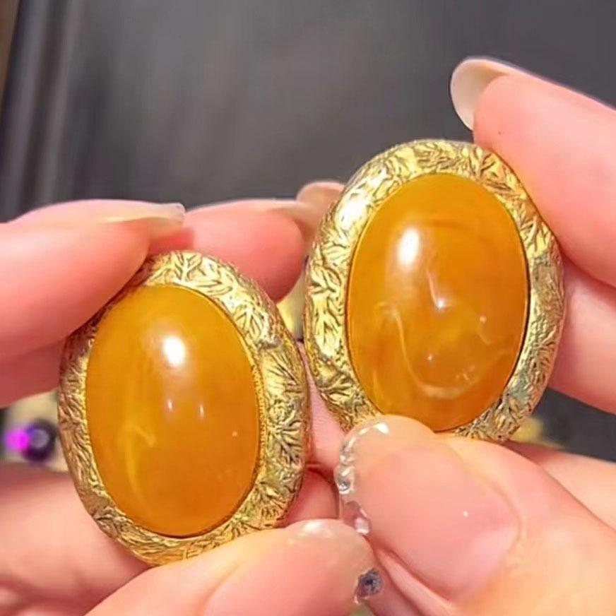 European & American Antique French Yellow Cloud Pattern Jelly Glass Earrings - Exquisite Workmanship, Simple, Niche Design