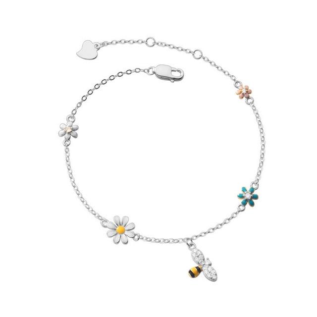Real 925 Sterling Silver Zicon Flower Bee Bracelet For Fashion Women Party Cute Fine Jewelry Minimalist Accessories