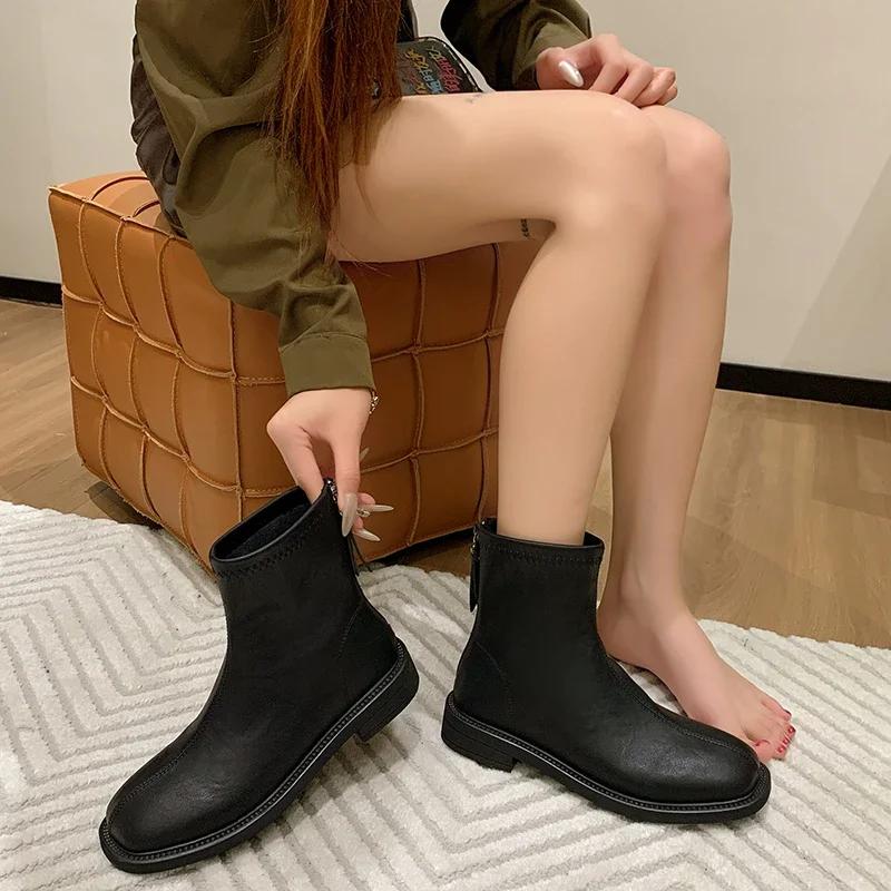 2024 Новые популярные однотонные женские ботинки с темпераментом и универсальными рабочими круглыми носками, застежкой-молнией сзади, модные ботинки