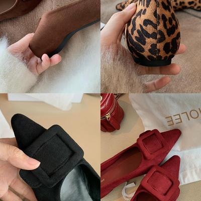 Версия из овчины~ Темпераментные туфли-лодочки с острым носком и квадратной пряжкой, универсальные туфли с открытым верхом и леопардовым принтом на плоской подошве для женщин