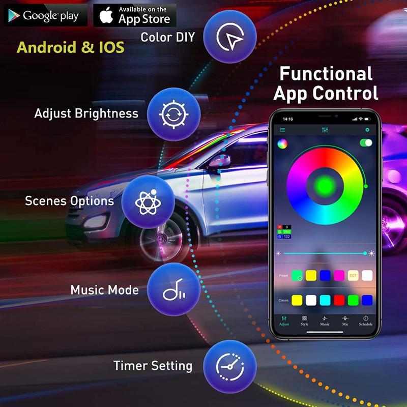 Car Interior Neon RGB Led Ambient Light Fiber Optic Kit With APP Sound Control Multiple Modes Auto Atmosphere Decorative Lamp