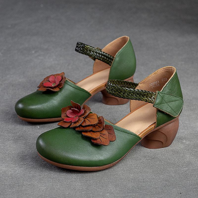 Johnature Женские сандалии в стиле ретро из натуральной кожи, универсальные сандалии ручной работы на среднем каблуке с цветочным узором и круглым носком, женская обувь