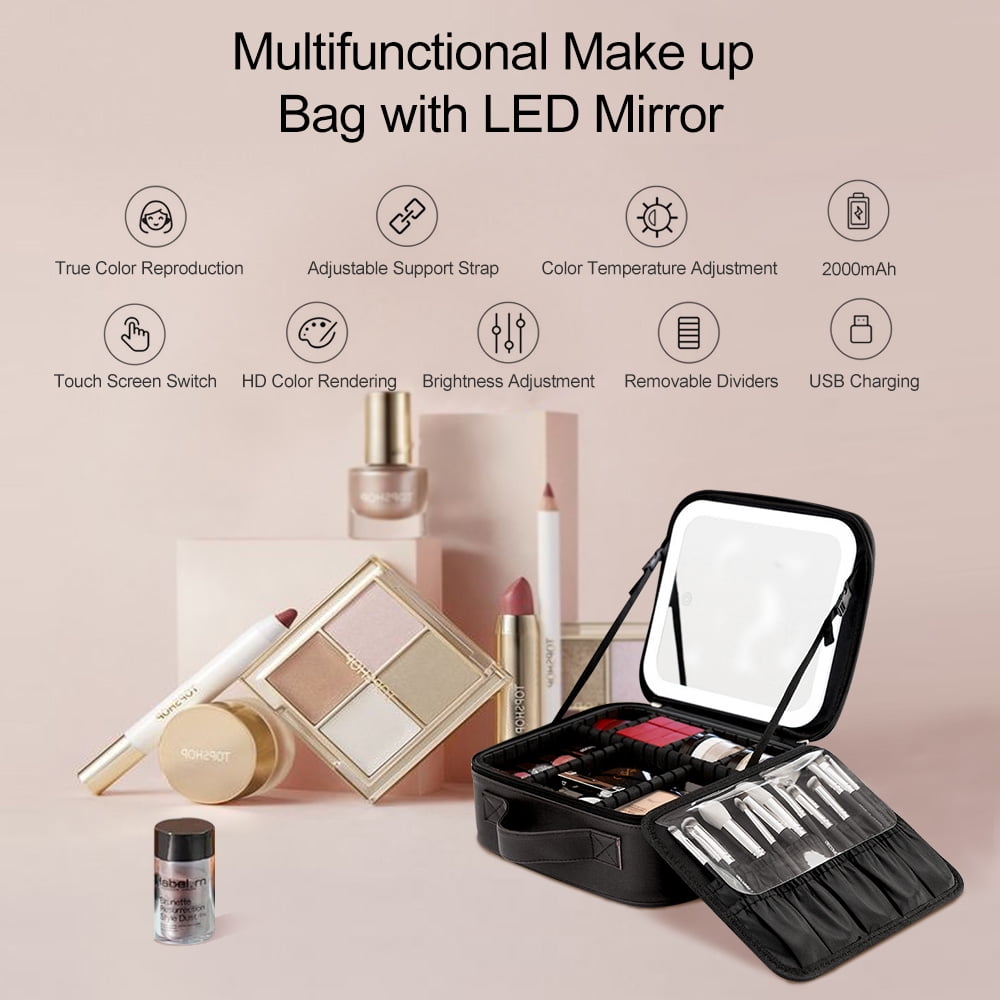 Sextupole Travel Makeup Bag with LED Lighted Mirror, Make up Bag with Adjustable 3 Color Setting, Makeup Organizer Box with Adjustable Dividers for