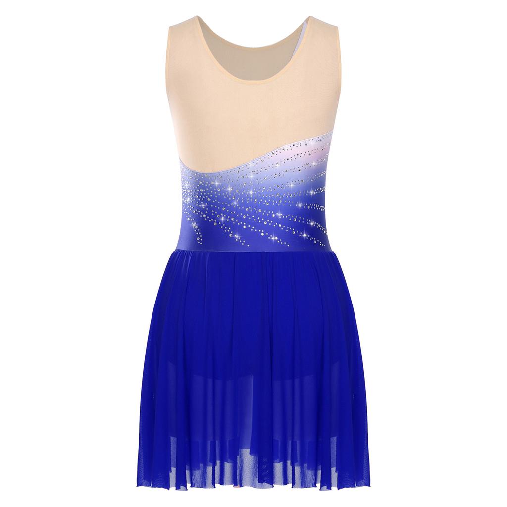 Женское платье для фигурного катания со стразами, сетчатой вставкой, без рукавов, платье для катания на льду, со встроенными трусиками
