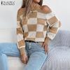 Autumn Spring Women Cold Shoulder Long Sleeve Plaid Knitted Sweaters Pullovers Jumper