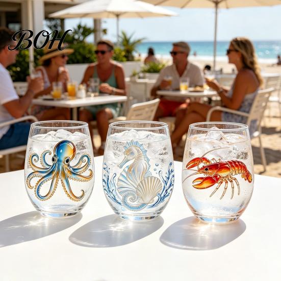 Unique Birthday Gifts for Her Marine Theme Wine Glass, Handmade Single Layer Stemless Borosilicate Glassware 400ml Capacity Drinkware Bar And