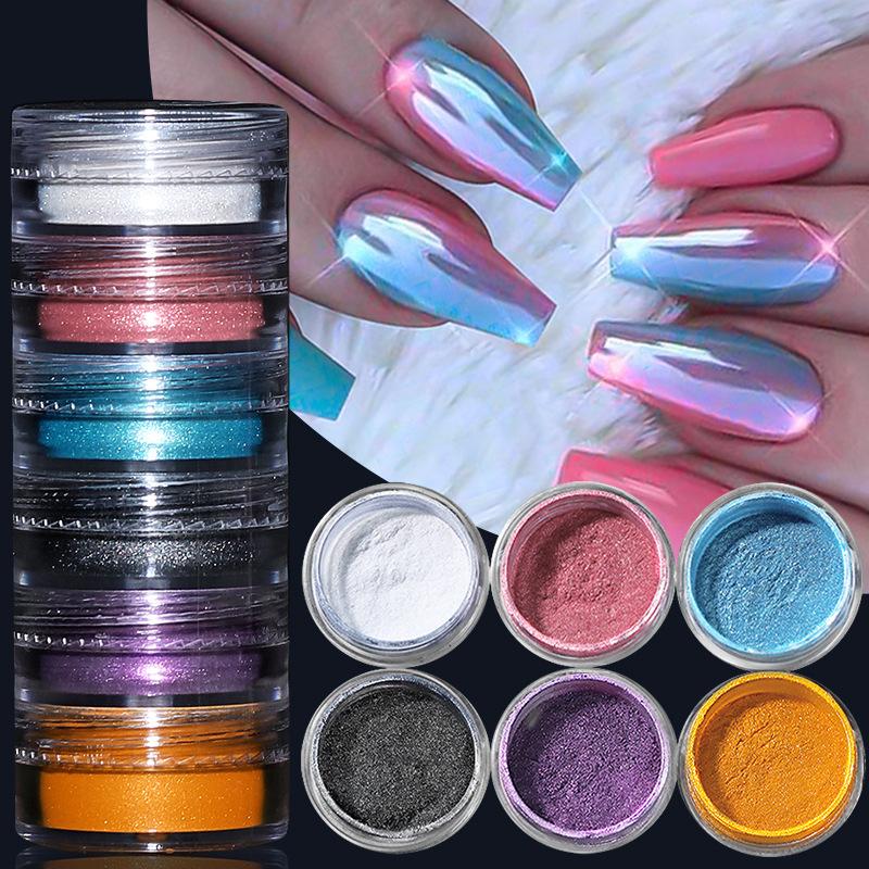 Нейл-арт постепенное изменение жемчужной пудры 6 коробок неоновой зеркальной волшебной зеркальной пудры, флуоресцентные волшебные блестки для ногтей