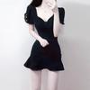 Black Knit Fabric Short Sleeve Mermaid Skirt With Ruffles For Summer Casual Wear