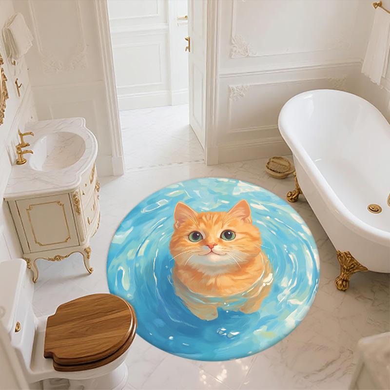 Кошка с рябью на воде, Круглый ковер, Ковер для гостиной, спальни, дивана, игровой комнаты, Декор, Нескользящий коврик для пола