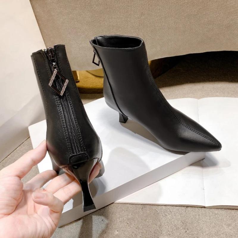 Туфли на высоком каблуке Ботинки с острым носком Черные ботильоны Модные ботильоны на тонком каблуке Ретро женская обувь Женские ботинки