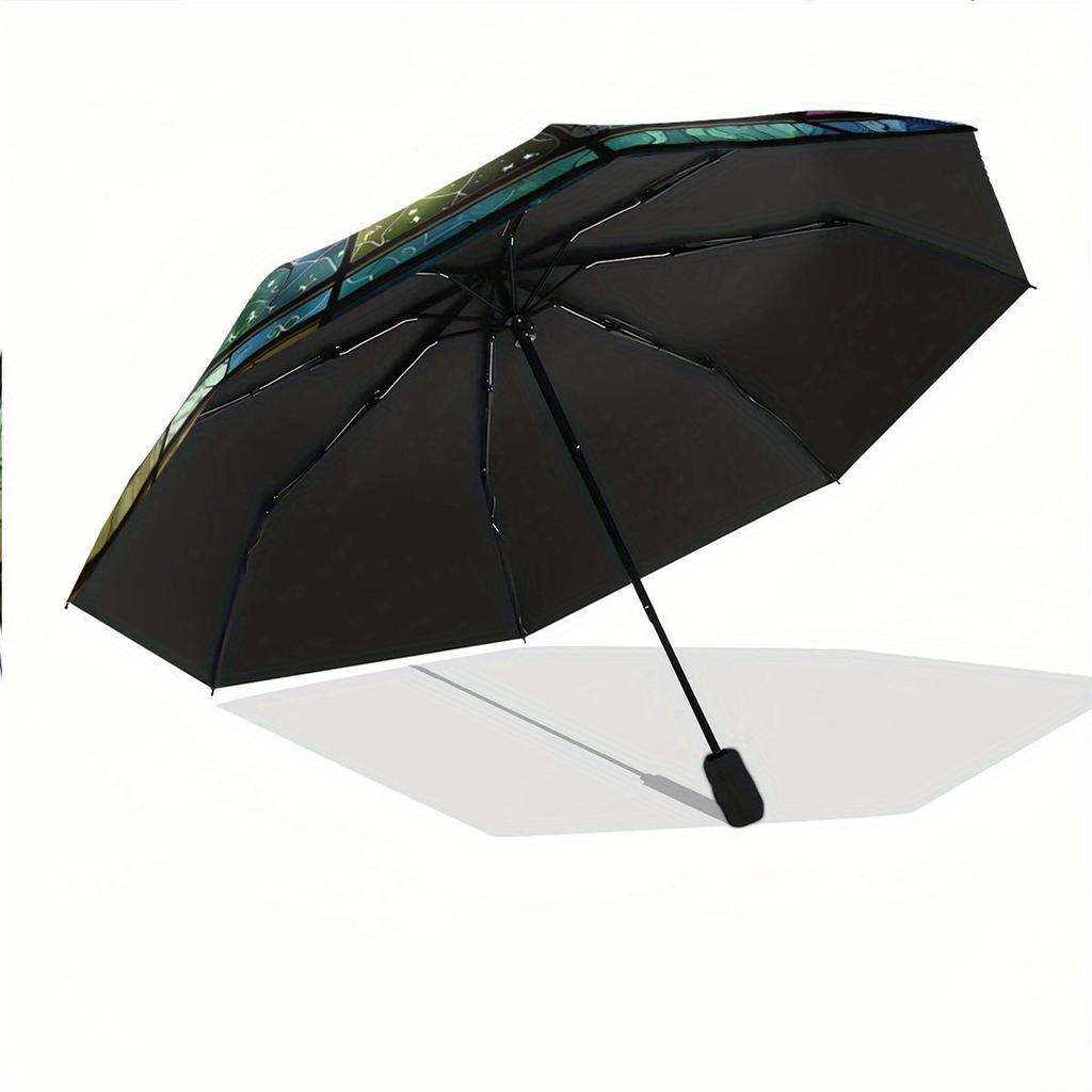 Automatic Folding Umbrella Stained glass-style celestial design with planets and a sunburst. Portable collapsible design, casu