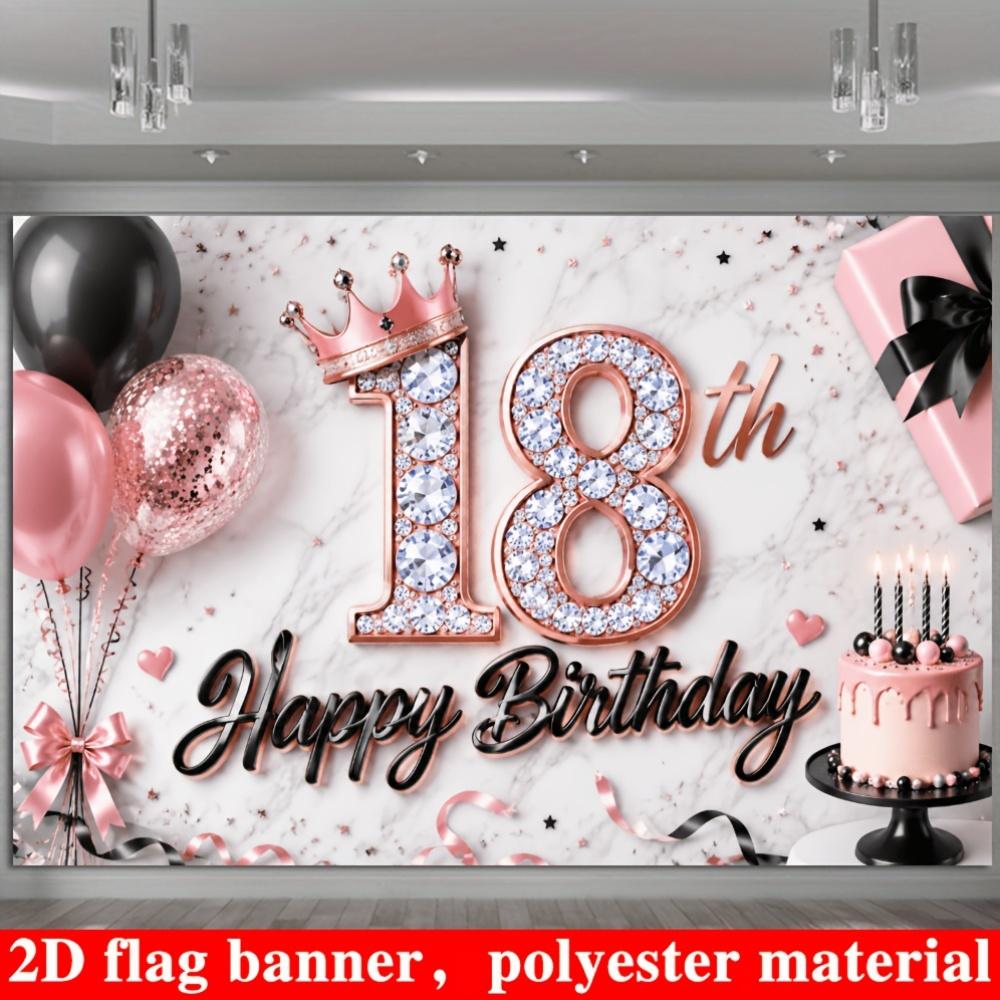- 1 piece of 2D flag, a banner background for 18th birthday party, rose gold with diamond-encrusted number 18 theme, yzb