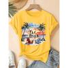 Watercolor beach chaise lounge and coconut trees English print pattern short-sleeve vintage round neck shirt T Fresh and natural style loose-fitting