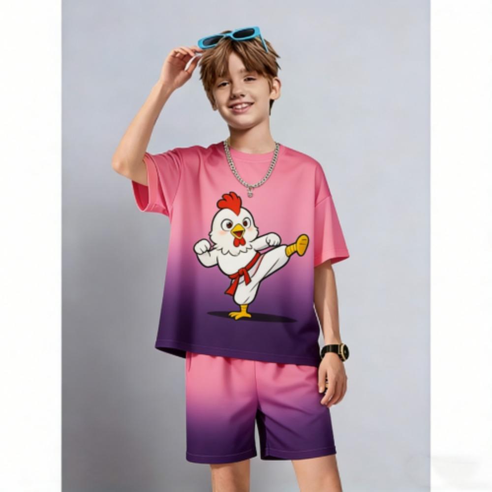 Summer Men's Set Anime Cartoon Chicken Printed Men's T-shirt and Shorts 2 Piece Set Summer Casual Outdoor Men's and Women's Outfit
