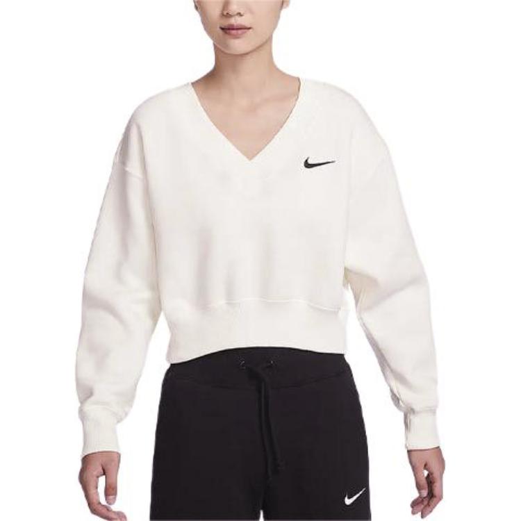 Nike Спортивная одежда Phoenix Fleece Vintage Solid Color Logo Вышитый V-образный вырез Флис Свободная короткая толстовка Женские топы Sail FN3652-133