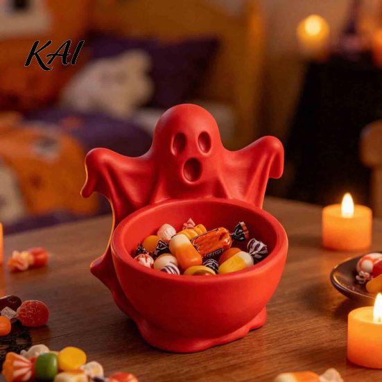 Cute Macaron Color Trinket Dish 3D Printed Ghost Candy Bowl for Halloween Party Decorations, Multi-functional Desktop Storage Home Decor Organizer
