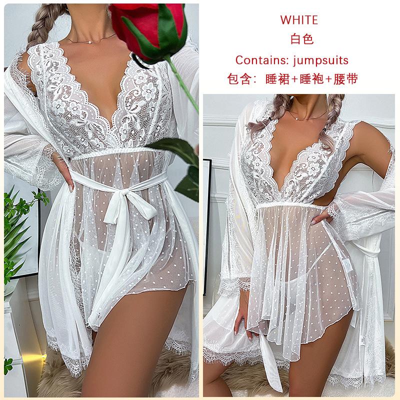 Кружевная пижама женская ажурная спинка халат перспектива горошек сетчатая юбка на подтяжках банный халат комплект