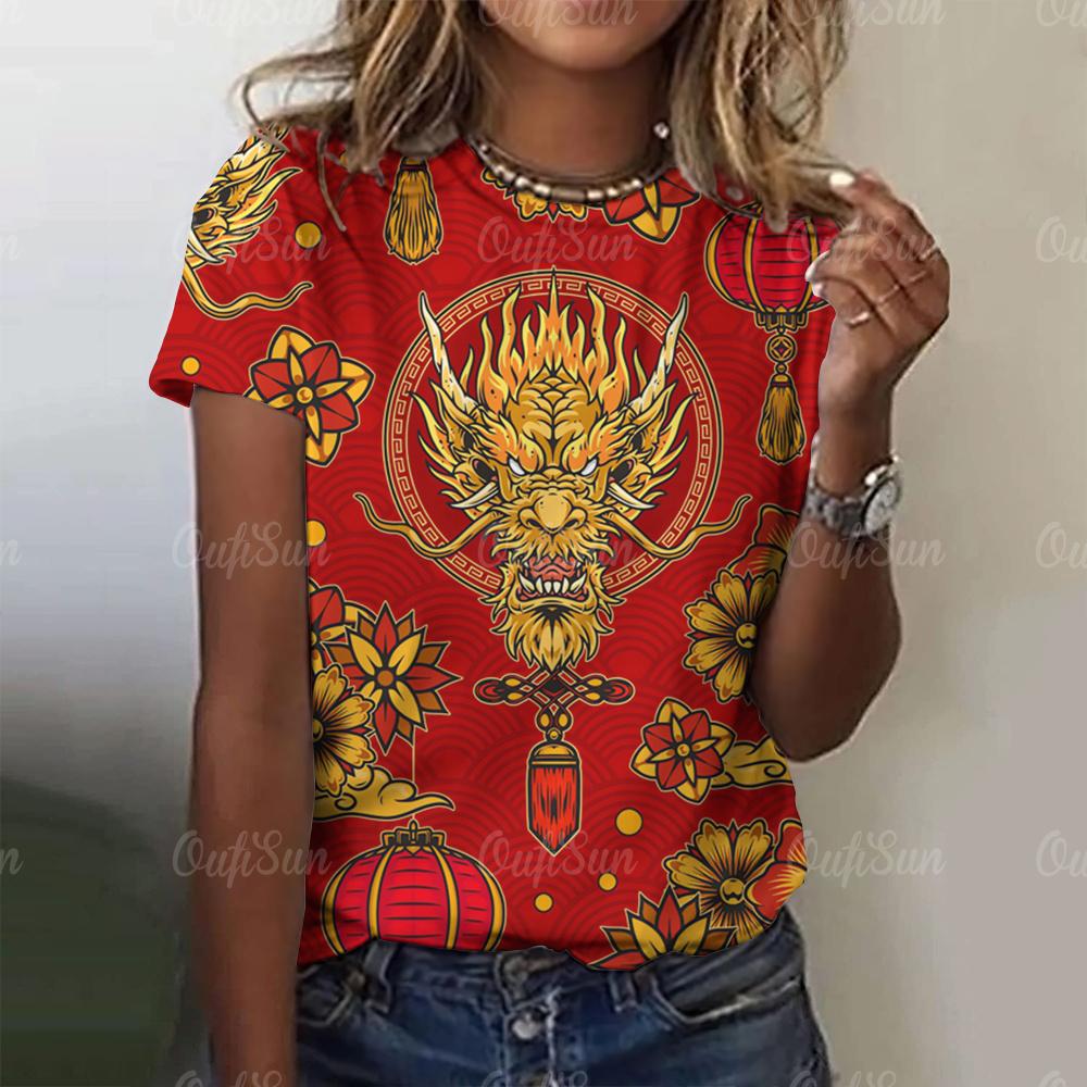 Женская футболка с принтом 3D-дракона в китайском стиле, новый пуловер для женщин с круглым вырезом, повседневный короткий рукав, 2024, модные уличные топы