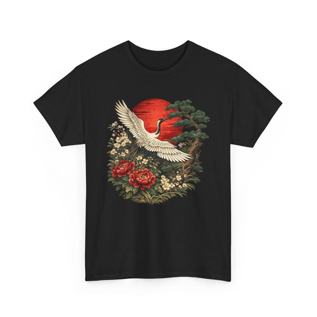 Japanese Crane T Shirt Vintage Red Sun Floral Bird Graphic Tee Oriental Art Style Shirt