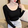 Женский черный вязаный топ в рубчик с длинным рукавом, облегающий фигуру - Базовый слой с круглым вырезом для весны, осени, зимы