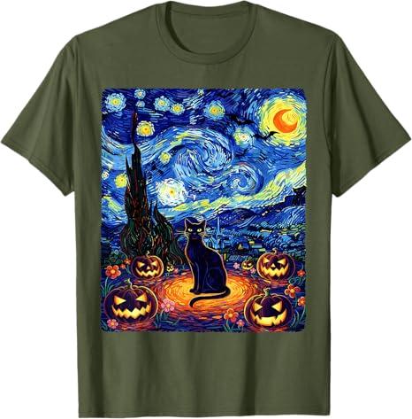 Halloween Black Cat Van Gogh Starry Night Cat Costume Women TShirt Y2k Kitten Pumpkin Spooky Graphic Outfit Novelty Tee Gifts