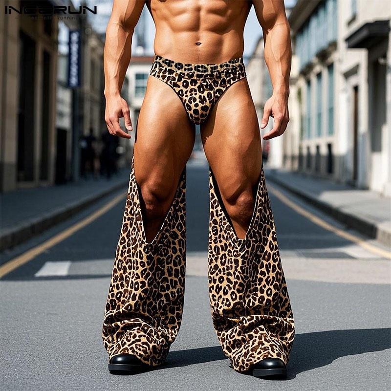 INCERUN Men Elastic Waist Briefs Cutout Leopard Party Club Long Pants Trousers
