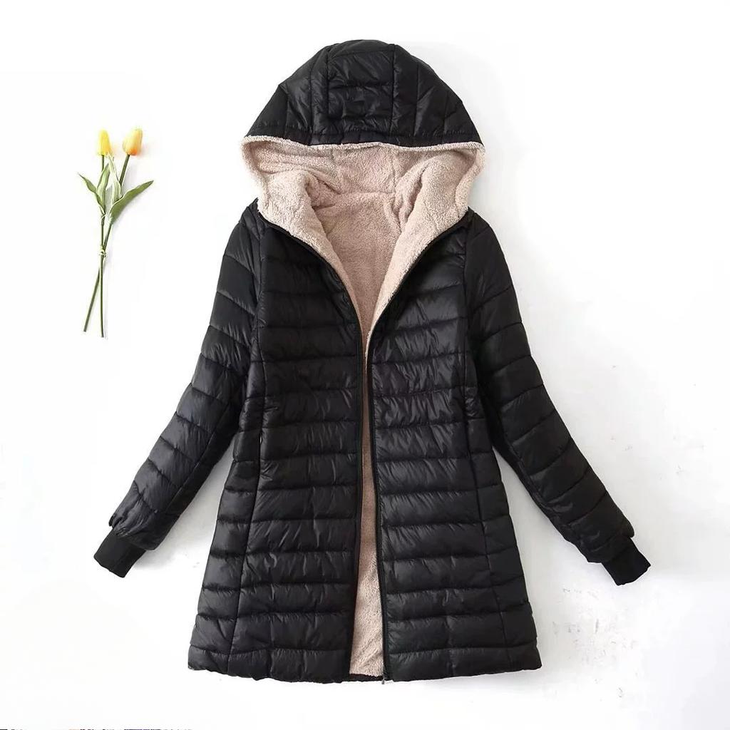 Autumn and Winter Thickened Plus Velvet Hooded Mid-length Slim-fit Warm Lamb Fleece Cotton Coat Women's Jacket