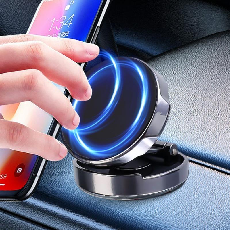 Car Phone Holder Circular Foldable Magnetic Suction GPS Stand Adjustable Height Positioning Rotating Bracket with Metal Sheet