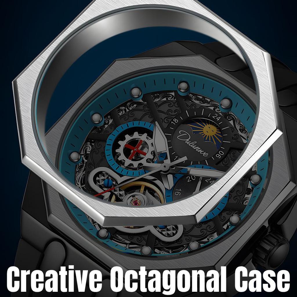 Tourbillon Hollowed Out Strong Luminous Moon Phase Mechanical Watch for Men, Fully Automatic Business Watch, Holiday Gift, Stainless Steel Watch