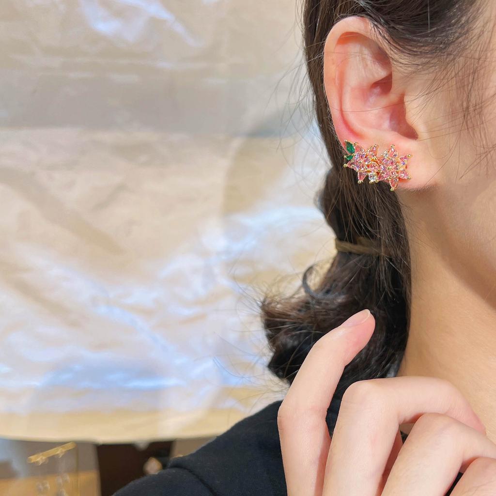 Новый роскошный зажим для ушей с розовым бриллиантом и вишней, штамп 925, высококачественные модные серьги с цветком и цирконием, ювелирные изделия, оптовая продажа