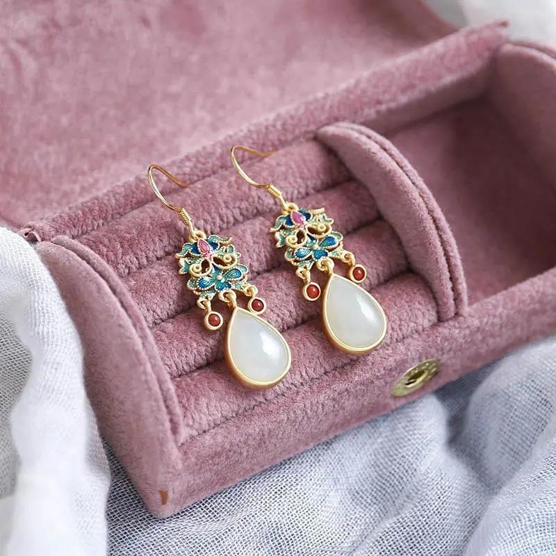 Natural Hetian White Jade Colorful Enamel Porcelain Drop-Shaped Earrings Chinese Retro Light Luxury Charm Women'S  Jewelry