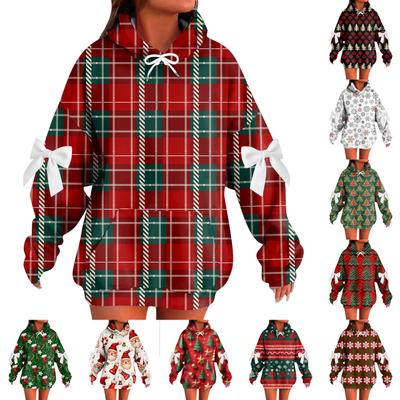 Женский рождественский с принтом банта, с длинными рукавами, свободного кроя, повязка на голову с веревкой, худи-топ с капюшоном