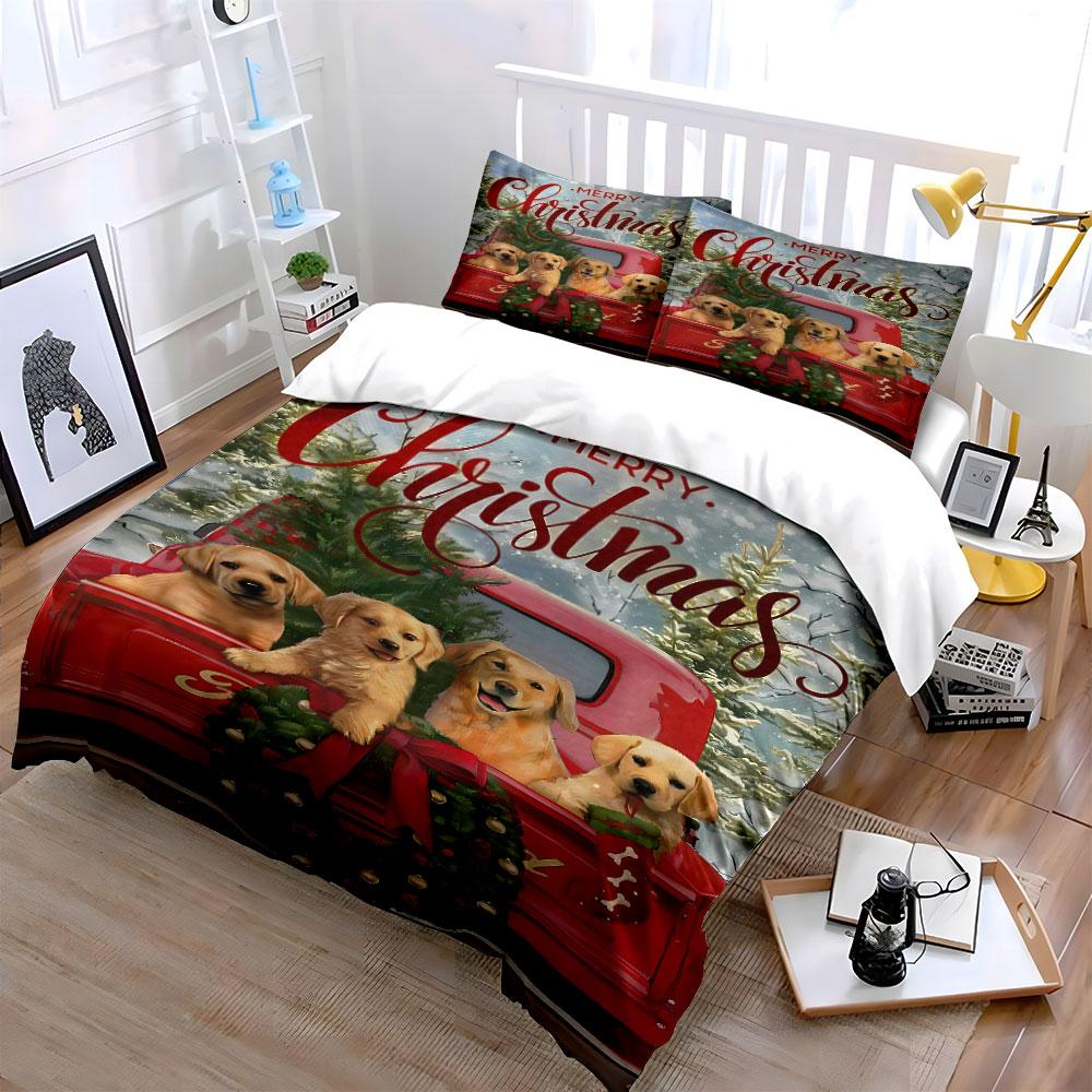 Golden dogs, Christmas truck. Bedding sets Duvet cover sets Duvet covers Pillowcases(1 * Duvet Cover 2 * Pillowcases without duvet insert)