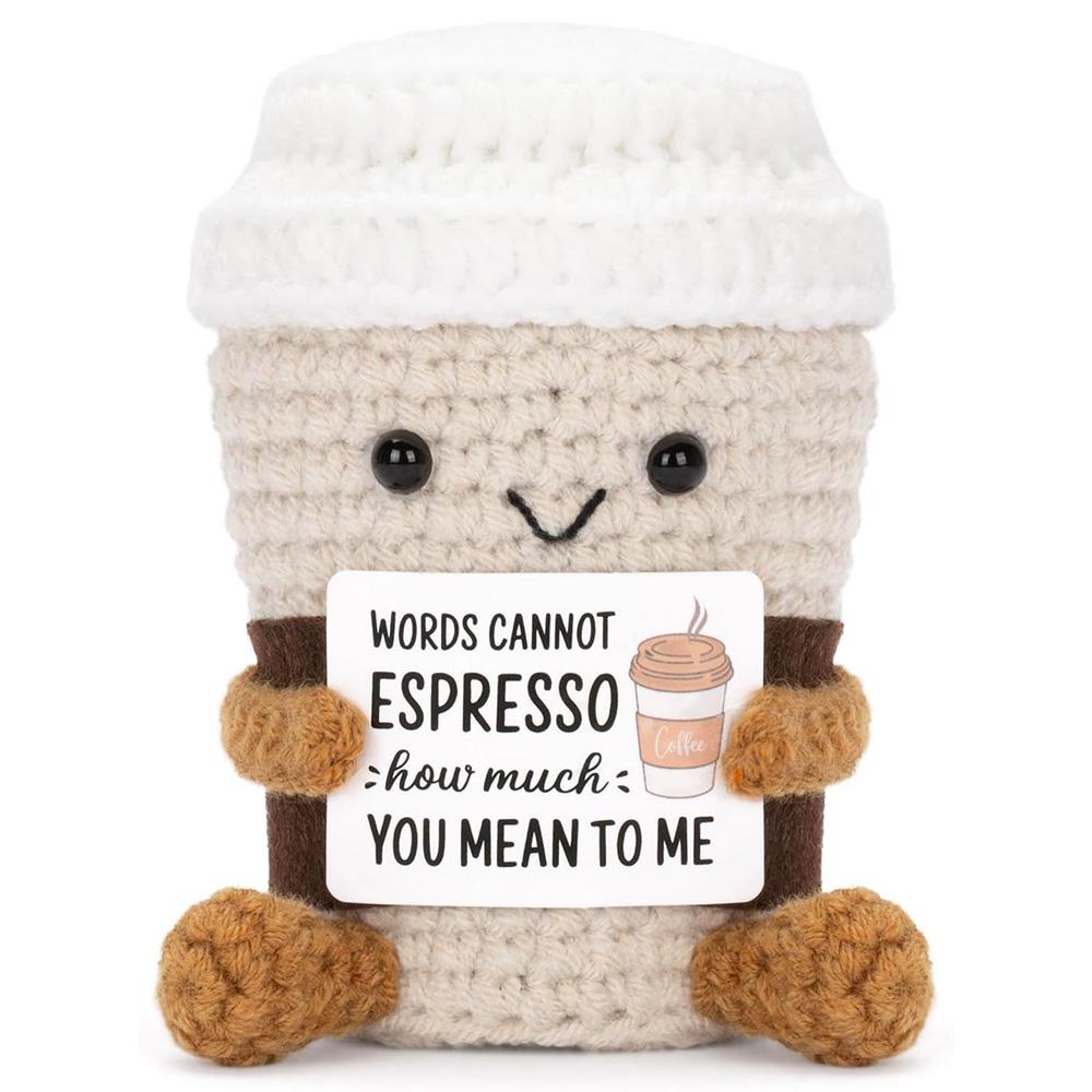 Funny Crochet Emotional Support Coffee Doll With Card Desktop Ornament Handmade Knitted Coffee Dolls Christmas Gifts Home Decor