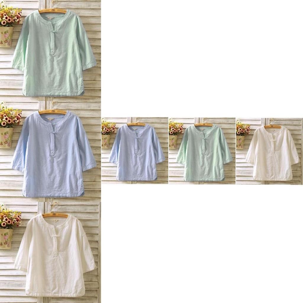 Elegant Women Vintage Cotton Linen Blouse With Flax Loose 3/4 Sleeve Tunic