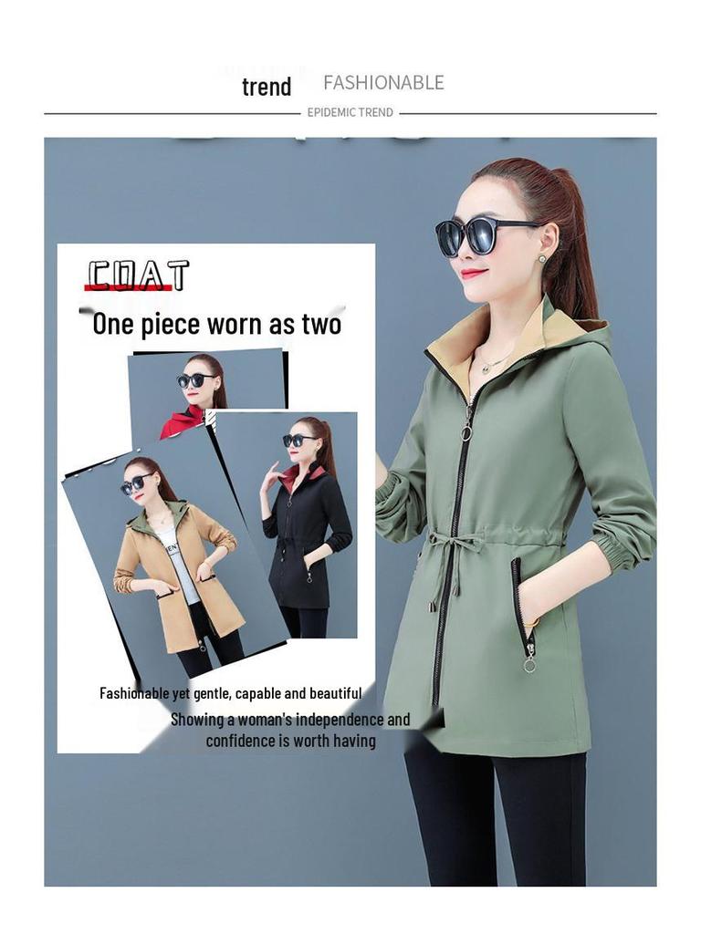 Women's Double-Sided Mid-Length Hooded Trench Coat with Detachable Elastic Waist and Zipper Pockets for Spring and Autumn