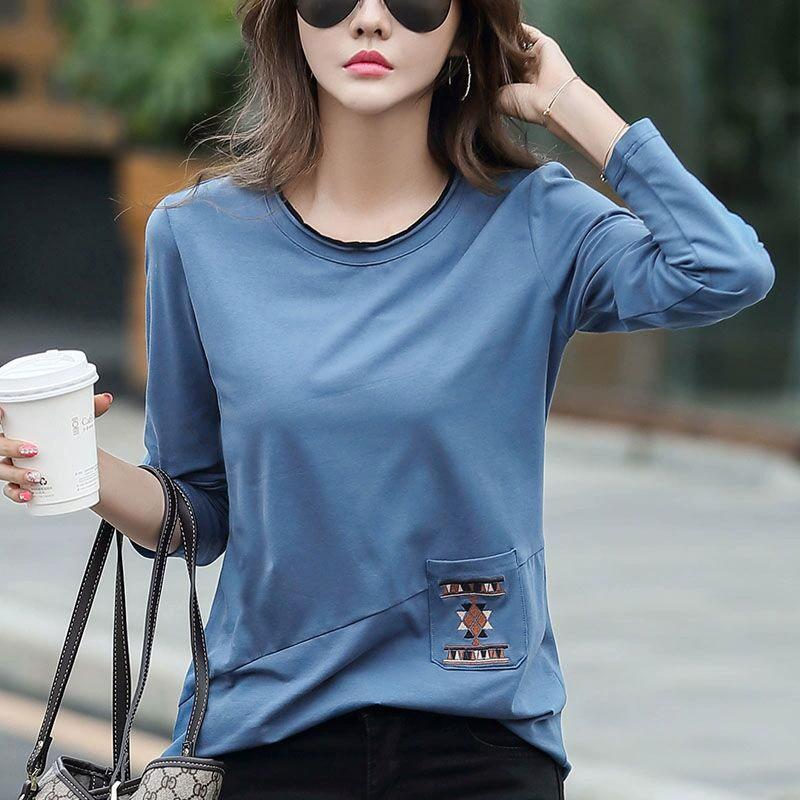 2025 Embroidered Pocket Long Sleeve T-shirt Women's Autumn Large Size Women's Splicing Bottom Shirt Top Trendy