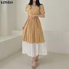 Elegant Women Casual O Neck Front Pleating Stitching Long Office Dress