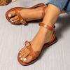Fashion Vintage Plus Size Sandals Women's Fashion Round Toe Clip Toe Metal Buckle One Strap Anti-Slip Wear-Resistant Flats