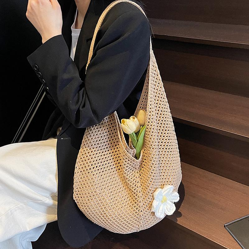 Women's Casual Hollow Out Wicker Woven Ladies Handmade Totes Bag Large Capacity Summer Beach Floral Decor Female's Shoulder Bag